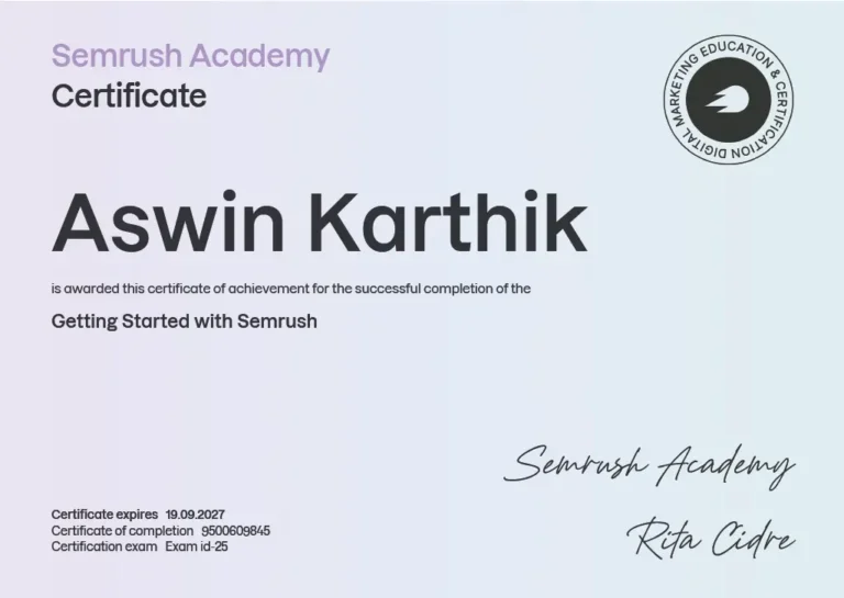 semrush seo certificate of the best freelance digital marketer